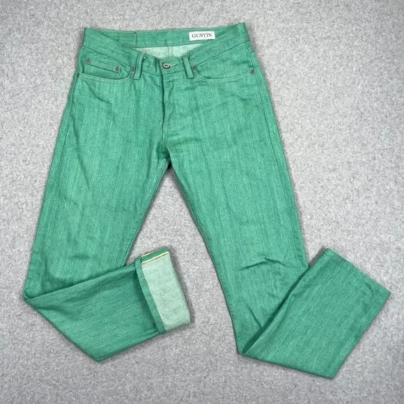 GUSTIN Selvedge Jeans Mens 31x32 Green Seafoam Stretch California Raw Japan 396 - Picture 3 of 15